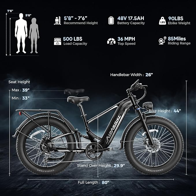 LEONX M2 Pro Electric Bike,1800W Motor Electric Bike for Adults, 26'' x 4.0'' Fat Tire Ebike with 48V 17.5AH Battery, 36MPH 85Miles Long Range Electric Mountain Bike, Up to 110 Nm