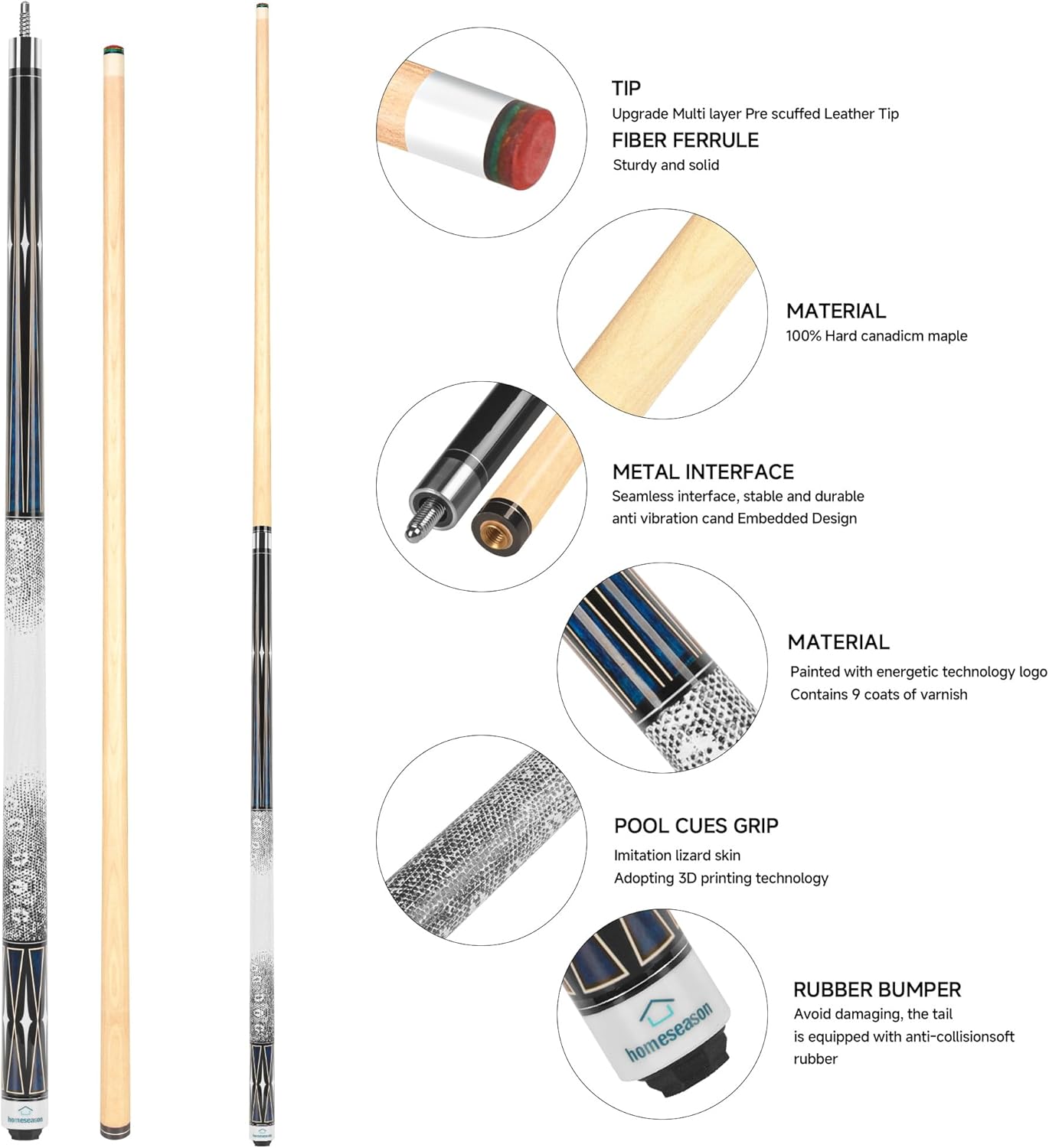 HomeSeason Pool Cue Stick 58" Billiard Cue Sticks 3D Printed Grip Professional Low Deflection Pool Sticks Maple Wood Pool Sticks 13mm Tip