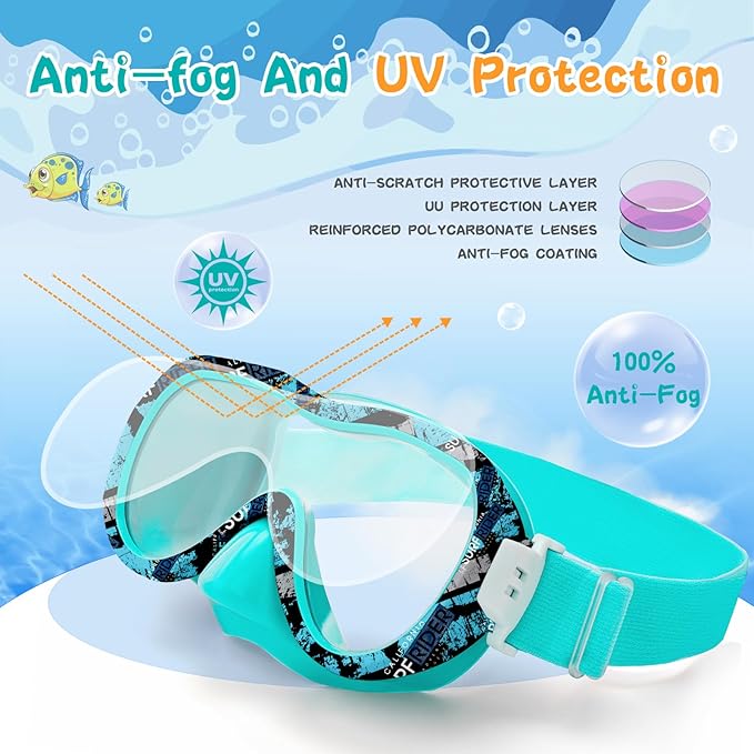 Kids Swim Goggles with Nose Cover, 180° Panoramic Snorkel Mask with Anti-Fog & Anti-Leak Design, Comfort Fabric Strap UV Protection Lens for Boys Girls Ages 3-15
