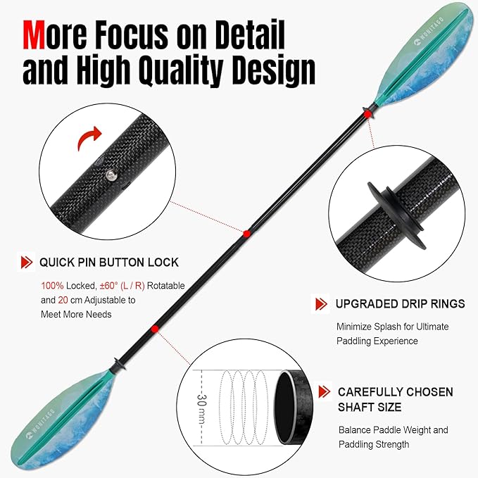 Kayak Paddle Premium Carbon Fiber Paddle with Reinforced PP + Fiberglass Blade, Floating Adjustable Kayaking Oars, 3 Piece, 220-240 cm/86-94 Inches, 240-260 cm/94-102 Inches