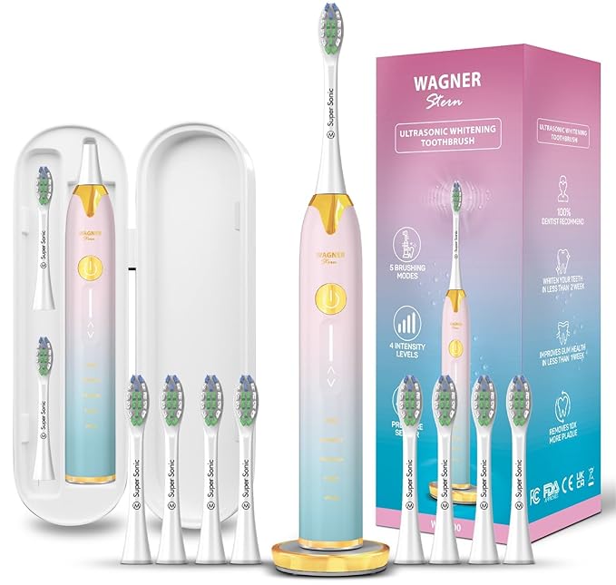 Wagner Stern Ultrasonic whitening Toothbrush with Pressure Sensor. 5 Brushing Modes and 4 Levels of Intensity, 8 Soft bristles, Travel case.