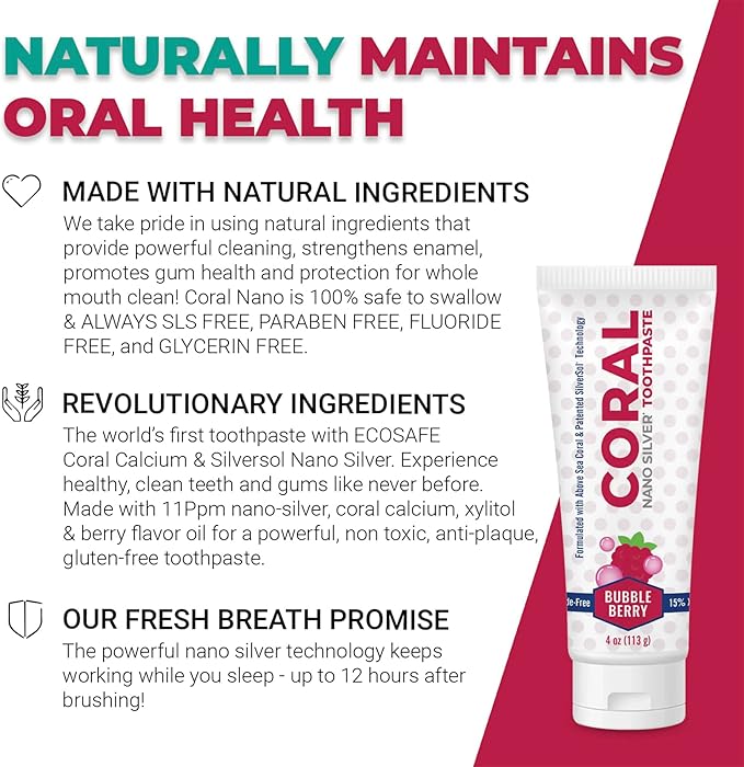 Coral Nano Silver Bubble Berry Kids Toothpaste, Natural Fluoride Free Teeth Whitening Toothpaste, Coral Calcium Nano Silver Infused SLS Free - 4 Ounces (2 Pack)