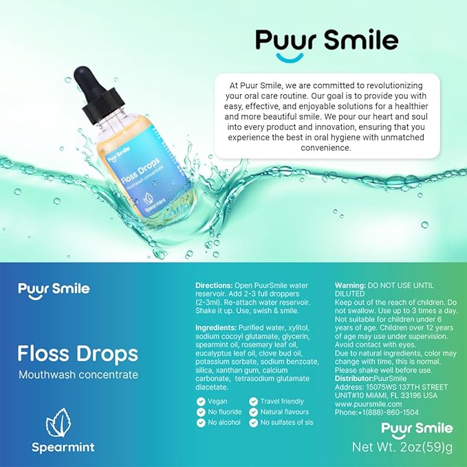 Concentrated Floss Drop Serum – 2oz Concentrated Mouth Wash to Use in Water Flosser | Natural Essentials Promotes Good Breath | Organic Spearmint Drop Supports Good Oral Health