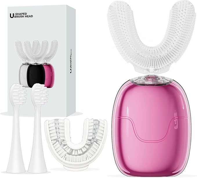 Electric U Shaped Toothbrush Adults with Nylon Brush Head,360 Degree Whole Mouth Cleaning, Rechargeable Electric Toothbrush,Teeth Whitening Brush for Home & Travel Use (Pink)