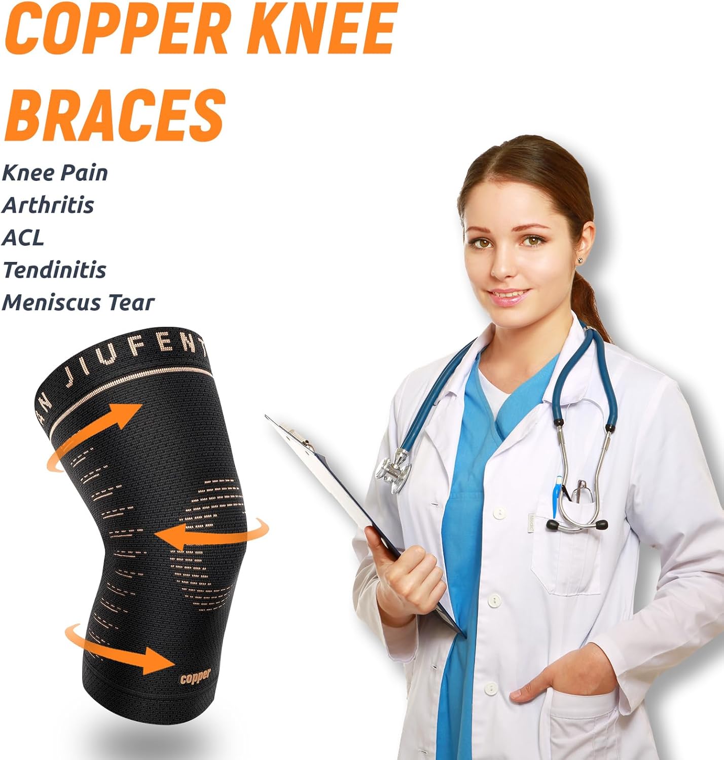 JIUFENTIAN Copper Knee Sleeve,Copper Knee Braces for Women and Men Arthritis,ACL, Tendinitis, Meniscus Tear, Joint Pain Relief, Running, Working Out, Fitness, Weightlifting (Large)