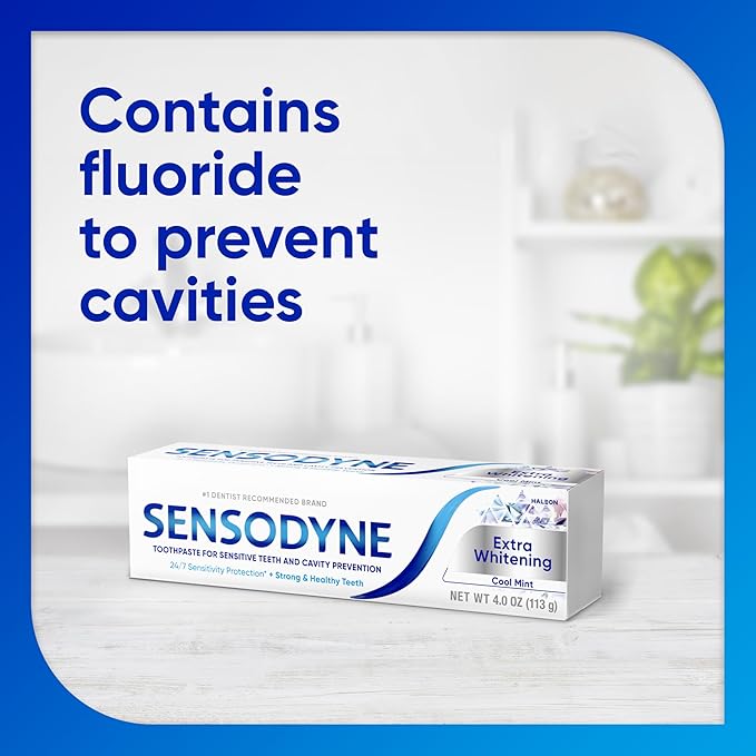 Sensodyne Extra Whitening Sensitive Teeth and Cavity Prevention Whitening Toothpaste, Amazon Exclusive, Cool Mint, Amazon Exclusive- 4 Ounces (Pack of 4)