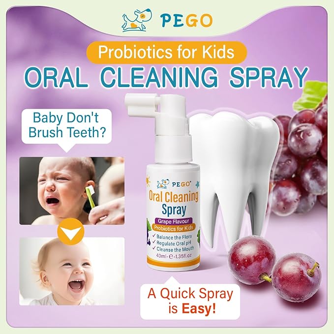 PEGO Kids Oral Spray - Toddler Toothpaste Helper for Fresh Breath, Fruit-Flavored, Probiotic Mouth Spray，Fluoride Free for Newborn to 12 Years(40ml*1, Grape)