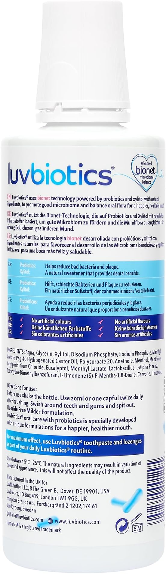 Luv Biotics Fluoride Free Mouthwash with Oral Probiotics, Xylitol & Aloe Vera -3 x 500ml