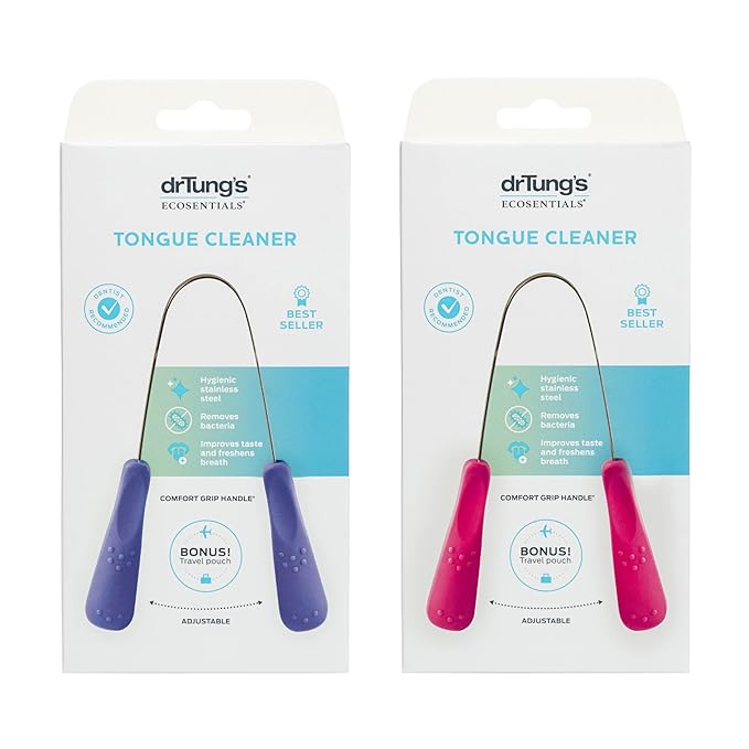 drTung's Stainless Tongue Scraper - Tongue Cleaner for Adults, Kids, Helps Freshens Breath, Easy to Use Comfort Grip Handle, Comes with Travel Case - Stainless Steel Tongue Scrapers (2 Count)