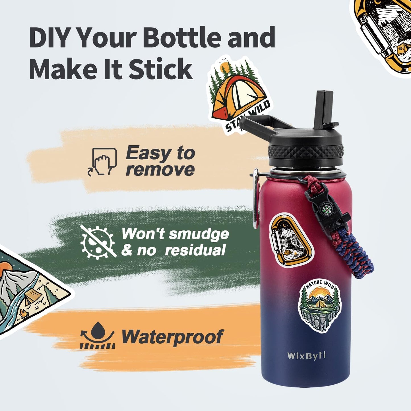 32 oz Insulated Water Bottle with Straw (Cold for 48 Hrs), Stainless Steel Triple Wall Vacuum Sports Water Jug, Leakproof Hydro Cup Flask with Paracord Handle & Straw Spout Lids & DIY Stickers