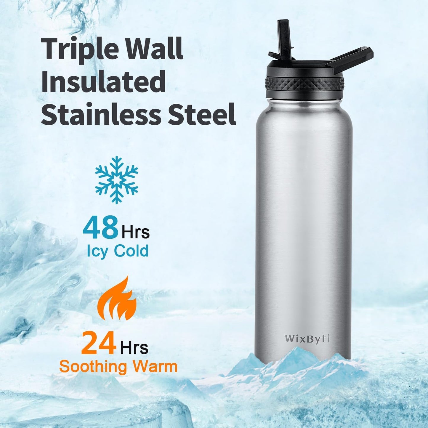 40 oz Insulated Water Bottle with Straw (Cold for 48 Hrs), Stainless Steel Triple Wall Vacuum Sports Water Jug, Leakproof Hydro Cup Flask with Paracord Handle & Straw Spout Lids & DIY Stickers