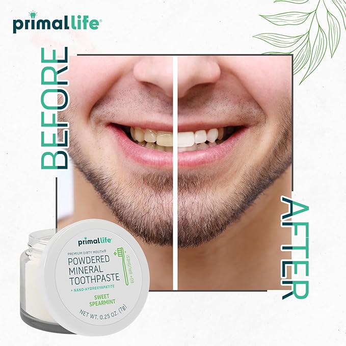 Primal Life Organics - Dirty Mouth Toothpowder, Tooth Cleaning Powder, Flavored Essential Oils with Natural Kaolin & Bentonite Clay, Good for 60+ Brushings, Organic, Vegan (Sweet Spearmint, 0.25 oz)