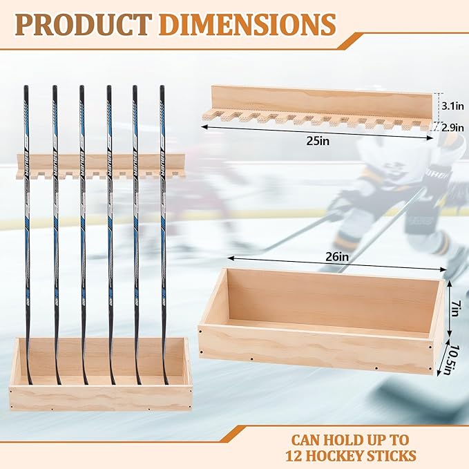 Leinuosen Hockey Stick Holder Wall Mounted and Vertical 2 in 1 Wooden Ice Hockey Rack Organizer Storage and Display Large Capacity Organizer Holds up to Sticks for Player Gifts