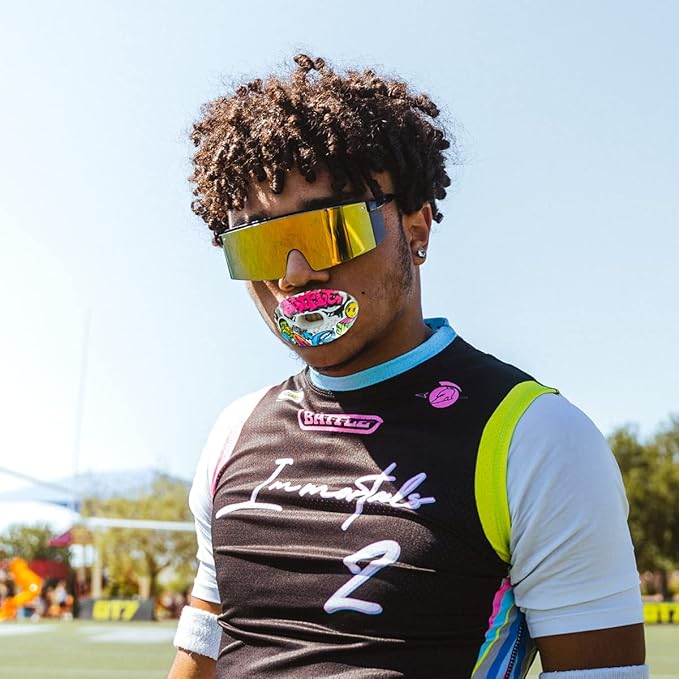 Battle Sports Oxygen Football Mouthguard - Football Mouth Guard with Strap, Superior Airflow & Better Performance, Maximum Breathability, Works with Braces - Graffiti/Colorful