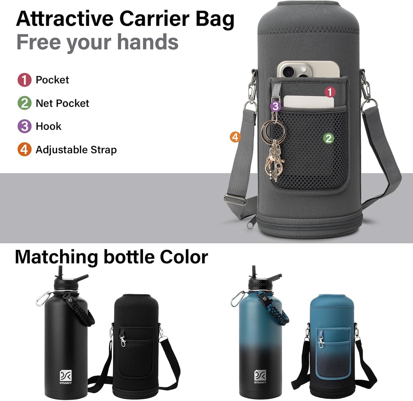 Insulated Water Bottle | Thickened Stainless Steel for Gym and Hiking with Straw, Carrier Bag, Handle Strap | BPA-Free 87 oz