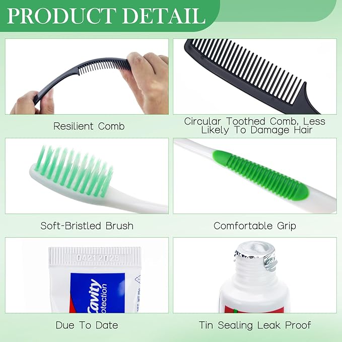 100 Set Personal Care Travel Toiletries Sets Bulk,7-in-1 Disposable Toothbrushes with Toothpaste and Floss,Comb,Soap,Cover,Zip Bag Toiletry Travel Toothbrush Kit for Homeless,Hotel,Charity