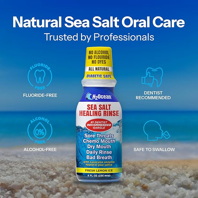 H2Ocean Healing Rinse Natural Sea Salt Oral Care - Mouth Rinse for Oral Care - Great for Piercings, Sore Throats & Gum Health - Alcohol- & Fluoride-Free Mouthwash - Lemon Ice, 8 oz