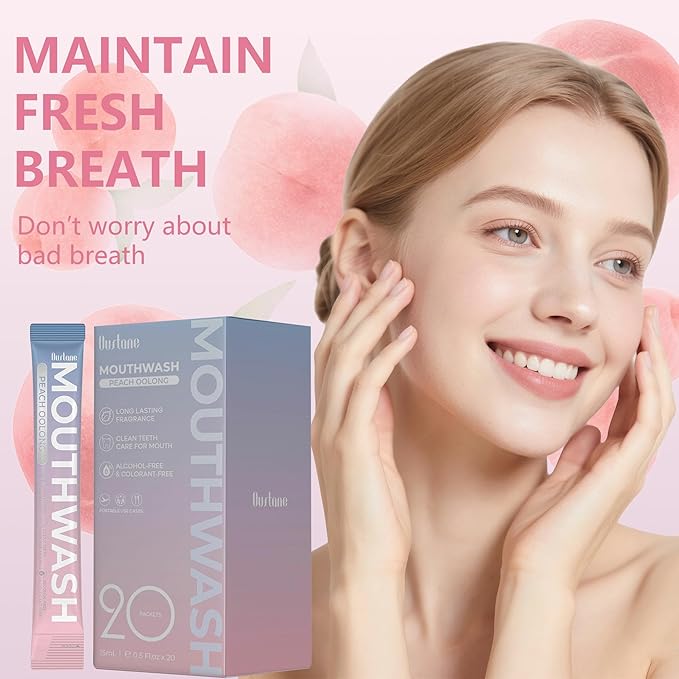 Travel Size Mouthwash, Peach Oolong Flavor, Alcohol-Free, 20-Pack Portable Packets, 0.5 Fl Oz Each, Long-Lasting Freshness (20)