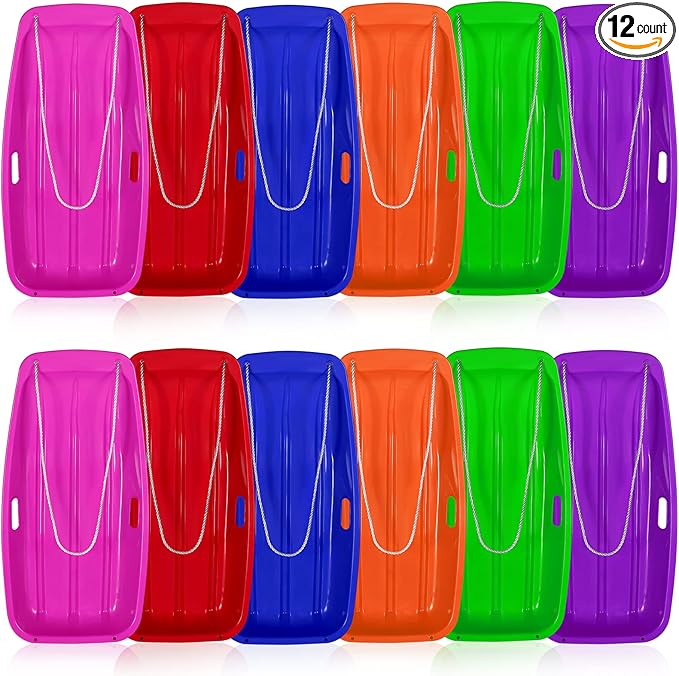 Jerify 12 Pcs 35 in Classic Snow Sled Winter Downhill Sprinter Toboggan with Pull Rope and Handles Plastic Sleds for Kids Adults Snow Sand Board Sleigh, 6 Colors