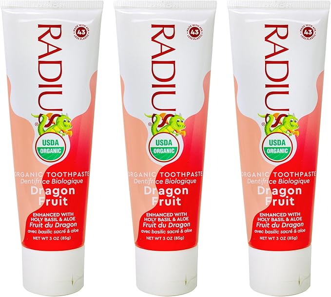 RADIUS USDA Organic Kids Toothpaste 3oz Non Toxic Chemical-Free Gluten-Free Designed to Improve Gum Health for Children's 6 Months and Up - Dragon Fruit - Pack of 3