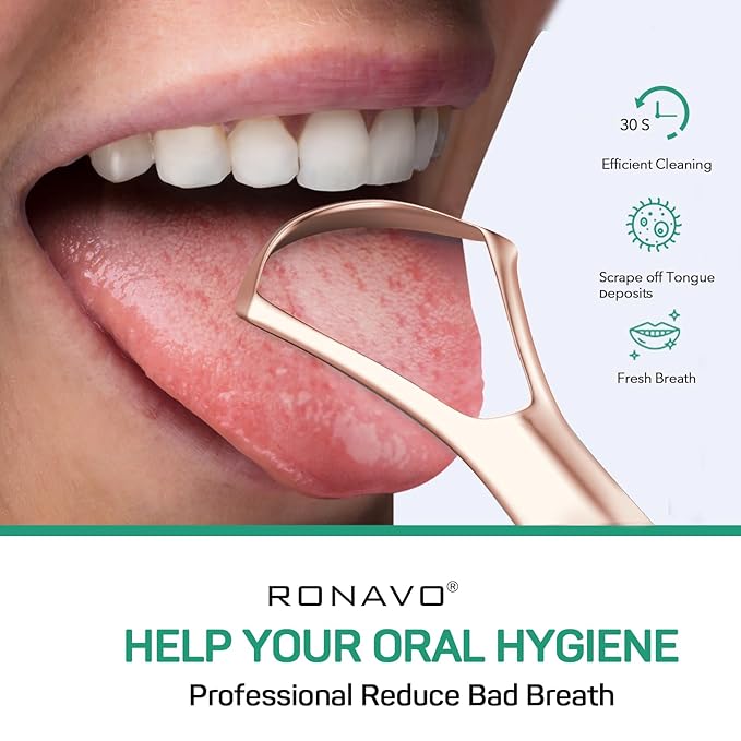RONAVO Tongue Scraper for Adults, Tongue Scrapper for Women, Metal Tongue Cleaner with Travel Case for Oral Care, Fresher Breath in Seconds, Easy to Use and Clean, 2 Pack