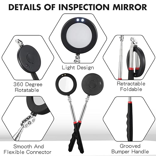 1 Pcs Telescoping Inspection Mirror Mechanics Automotive Tool with Long Handle Extendable Mirror on a Stick for Technicians Mechanics Contractors Checking Observation(Black,Round with Light)