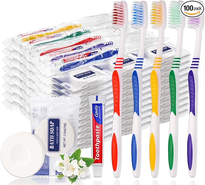 100 Set Disposable Toothbrushes with Toothpaste and Soap Individually Wrapped, 100 pcs Toothbrushes 5 Colors with 100 pcs Bar Soap(0.5 oz)