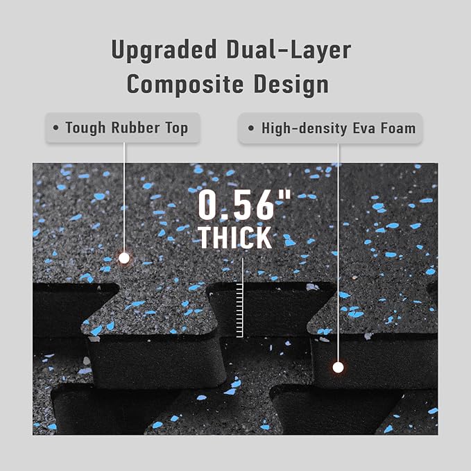 AIRHOP 0.56in Thick 24 Sq Ft Exercise Equipment Mats, 6 Tiles Upgraded Rubber Top with High Density EVA Foam, Large Interlocking Puzzle Gym Flooring for Home Gym, Heavy Weight Workout,Black & Blue