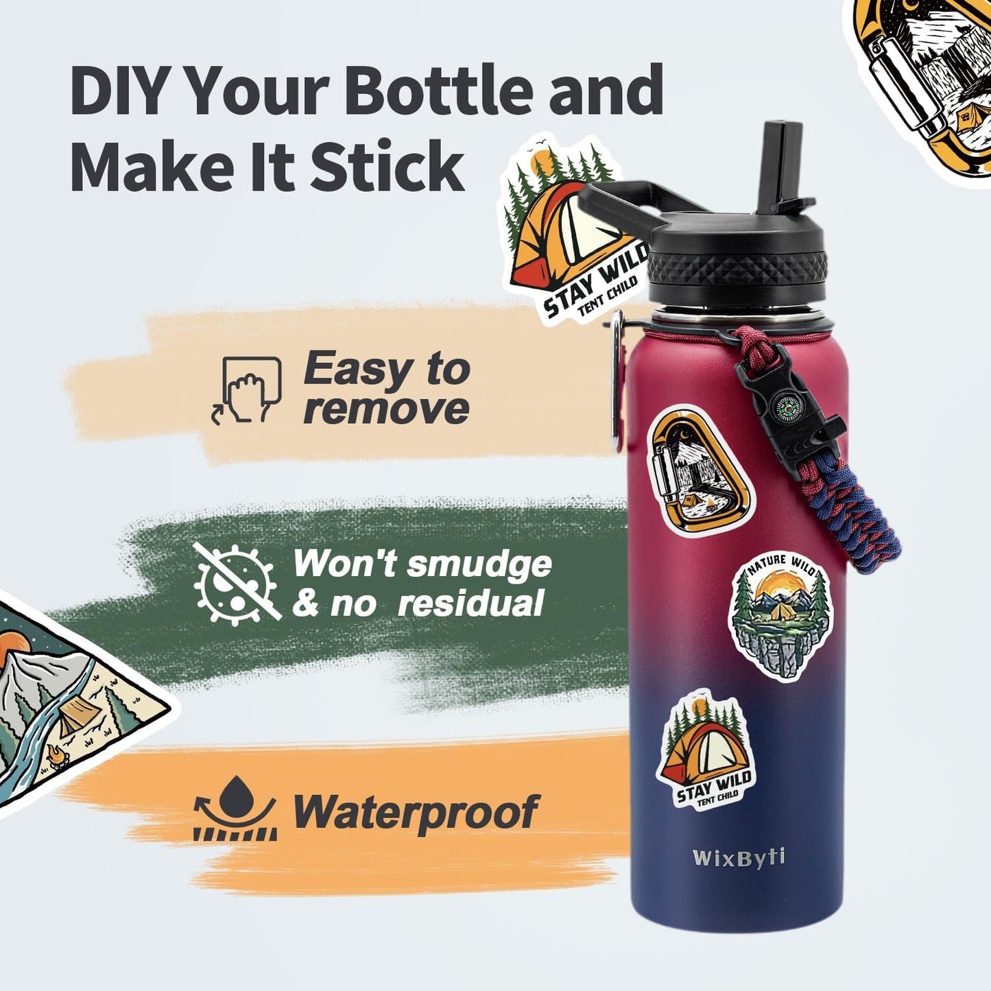 40 oz Insulated Water Bottle with Straw (Cold for 48 Hrs), Stainless Steel Triple Wall Vacuum Sports Water Jug, Leakproof Hydro Cup Flask with Paracord Handle & Straw Spout Lids & DIY Stickers