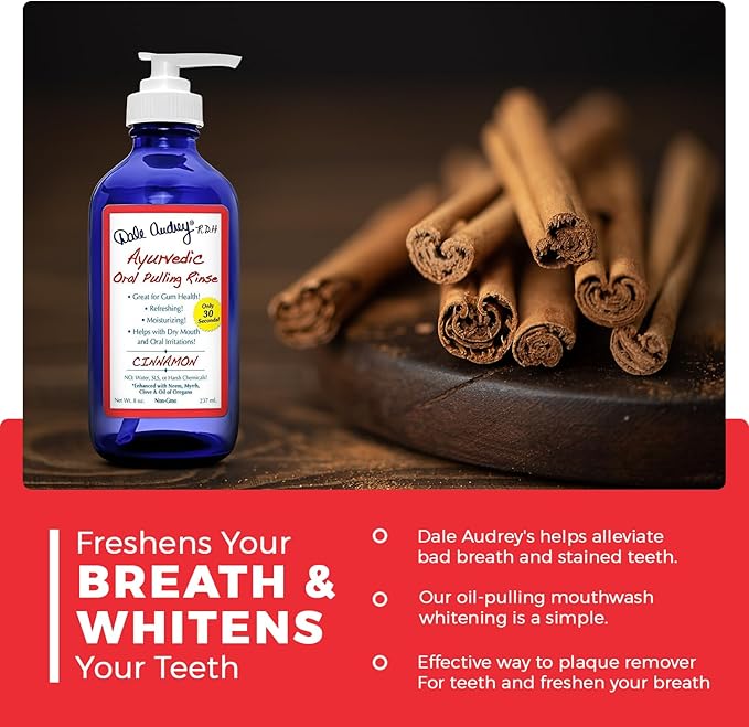 Dale Audrey Ayurvedic Oil Pulling for Teeth and Gums | Organic Cinnamon Flavored Oral Rinse Mouthwash | Natural Essential Oils | Cobalt Glass Bottle Pump for Teeth Whitening and Fresh Breath-8 FL Oz