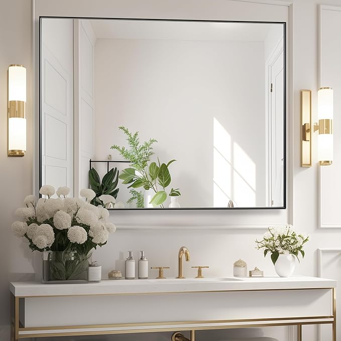 36x48 Inch Black Bathroom Mirror for Wall, Aluminum Frame Rectangle Rectangular Vanity Mirror, Modern Large for Bedroom, Living Room, Horizontal or Vertical