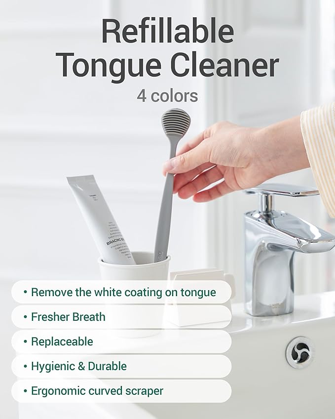 DEARCUS Korean Tongue Scraper with 3 Replaceable Heads - 100% BPA Free TPE Tongue Cleaner - Reduce Bad Breath & Without Hurt - Hygienic Scraper - Modern & Simple Design (Gray)
