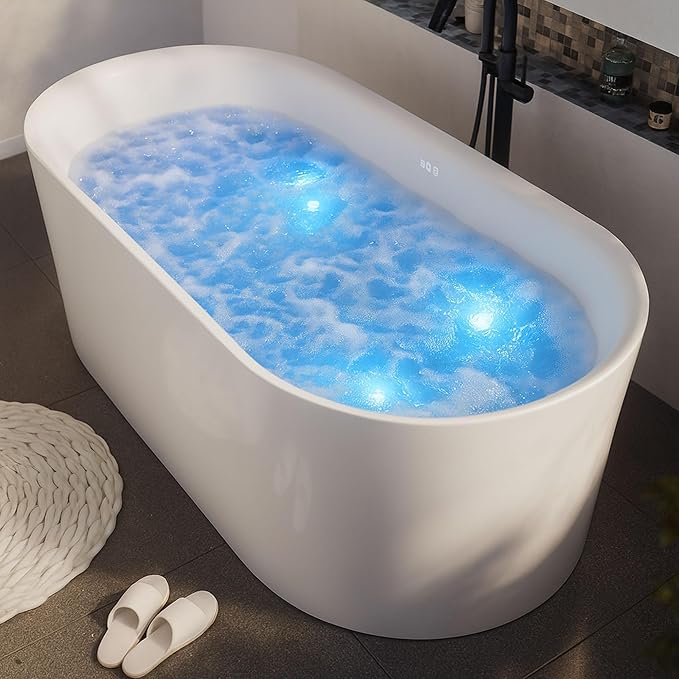 ANZZI 67" Freestanding Air Jetted Whirlpool Bathtub - White Acrylic Soaking Tub with LED Lights & Touch Controls | FT-AZ067