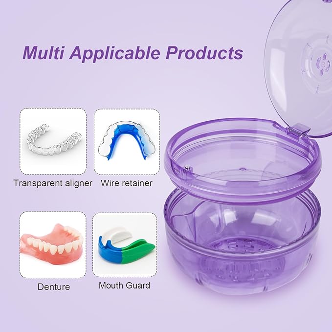 Retainer Cleaner Case,Double Layer No-Leak Denture Cup for Soaking Dentures, Denture Bath for Invisalign Aligner,Retainers,Mouth Guard,Night Guard (Purple)
