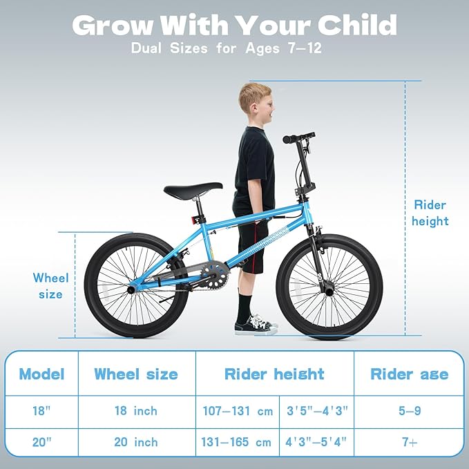 67i Boys BMX Bike 18/20 Inch Ages 8-12 Kids Bicycle with Front Rear U Brake Adjustable Seat Iron Fork 2.09" Wide Tires