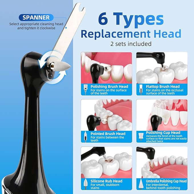 Tooth Polisher,Rechargeable Teeth Whitening Kits for Teeth Daily Cleaning and Whitening,Dental Polisher with 2 Set Polishing Brush Heads,LED Light,5 Speed Modes,Waterproof