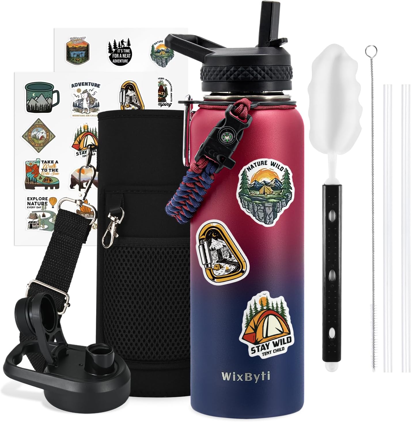 40 oz Insulated Water Bottle with Straw (Cold for 48 Hrs), Stainless Steel Triple Wall Vacuum Sports Water Jug, Leakproof Hydro Cup Flask with Paracord Handle & Straw Spout Lids & DIY Stickers