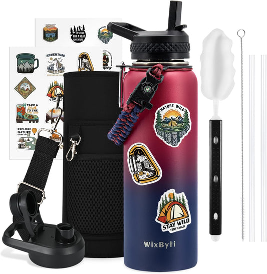 40 oz Insulated Water Bottle with Straw (Cold for 48 Hrs), Stainless Steel Triple Wall Vacuum Sports Water Jug, Leakproof Hydro Cup Flask with Paracord Handle & Straw Spout Lids & DIY Stickers