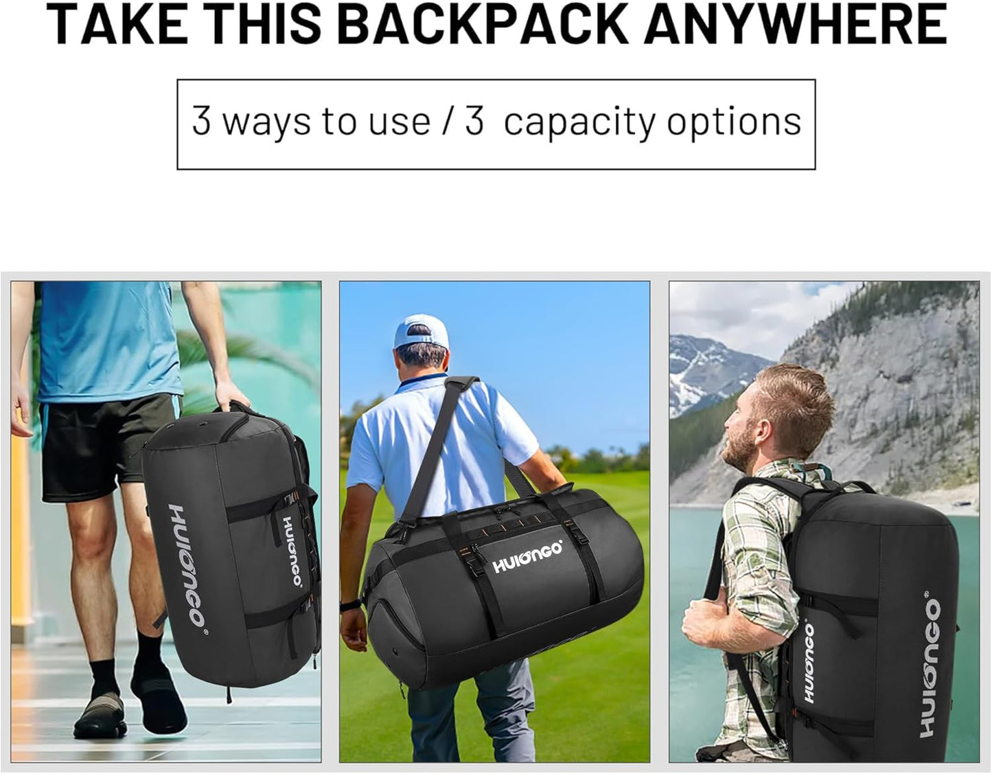 40L/60L/90L Large Waterproof Duffle Bag Backpack for Men, Mens Duffel Backpack Bags for Traveling, Heavy Duty (Black, 60L)