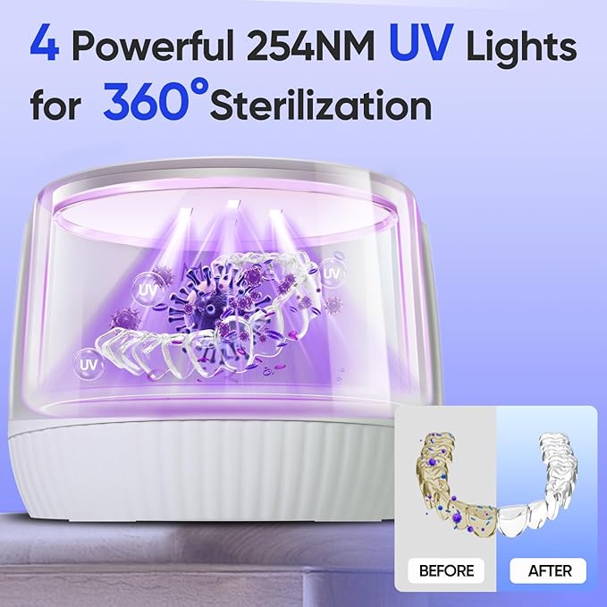 MySmile Ultrasonic Retainer Cleaner- 45kHz Denture Cleaner Machine with 200ML Capacity for Aligner, Mouth Guard, Braces, Portable Dental Cleaning Pod with 2 Mode Digital Timer for Home, Travel (WHITE)