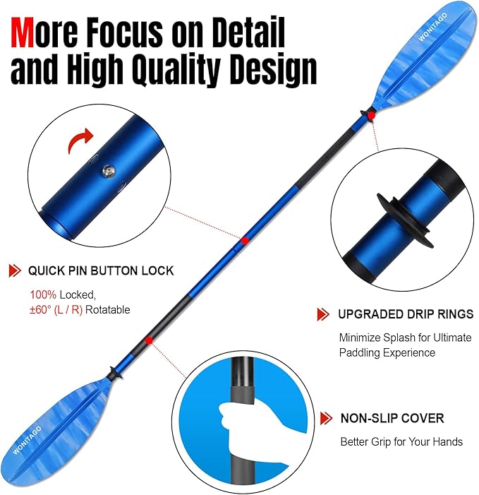 Kayak Paddle with Aluminum Shaft and Reinforced PP Blade, Floating Kayak Oar for Kayaking Canoeing and Boating, 220 cm/86 inches - 230 cm/90 inches