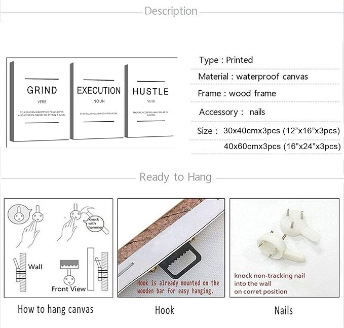 Inspirational Framed Canvas Wall Art - Grind Slogan, Success Quotes, Office Wall Art, Large Poster, Positive Motivational, Execute Poster (C-3pcs, 12x16in x3pcs)