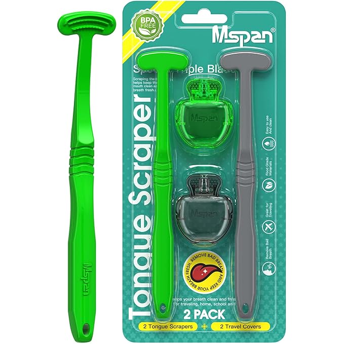 Mspan Tongue Scraper for Adults & Kids: Tongue Cleaner Brush Dental Clean Care Kit with Plastic Travel Case Cover - Oral Hygiene Fresh Breath Green Grey 2 Pack