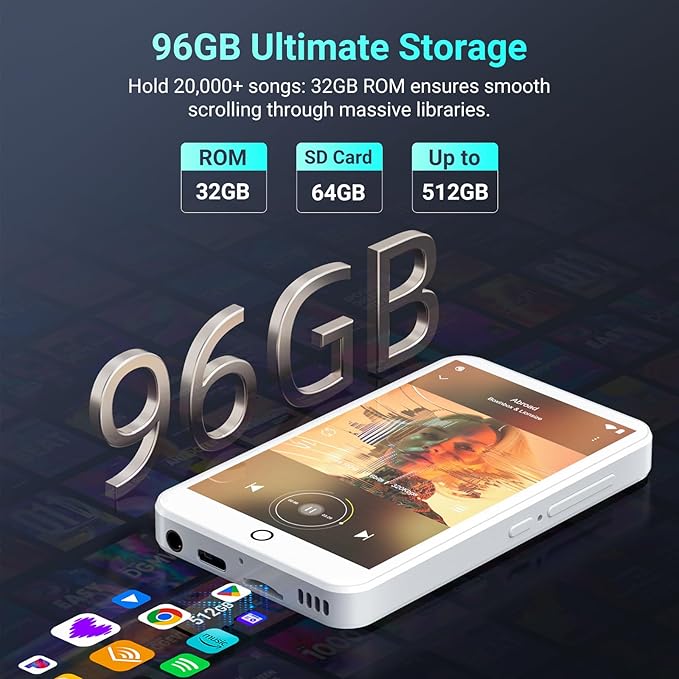 96GB MP3 Player with Bluetooth and WiFi, Android 13 MP3 MP4 Players with 4" Touchscreen and Speaker, 3GB RAM & 32GB ROM, Spotify Music Player with Audible, FM Radio, Amazon Music, Play Store