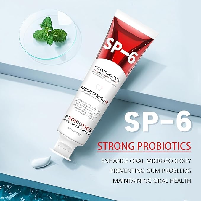 SP-6 Probiotic Whitening Toothpaste, Enhanced Formula with 6 Probiotics for Teeth Whitening and Gum Health, Enamel-Safe, Fluoride-Free, Fresh Mint Flavor, 4.6oz (4)