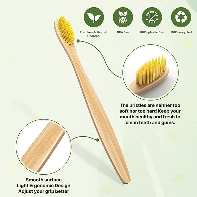 10 Pack Beige Bamboo Toothbrushes | Biodegradable & Compostable Eco-Friendly Natural Bamboo Charcoal Toothbrushes | BPA Free Soft Bristles Wooden Toothbrush - 100% Recycled Packaging