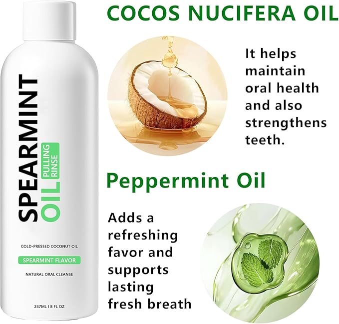 Spearmint Oil Pulling Rinse - Cold-Pressed Coconut Oil mouthwash - Pressed Coconut Mouthwash for Teeth Whitening-for Teeth and Gums, Pure Mouthwash Mint Freshness (1pc)