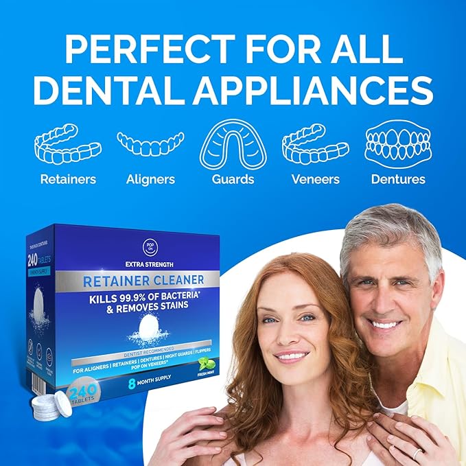 Retainer Cleaner Tablets for Invisalign Approved for Ultrasonic Cleaners -240 Denture Cleaning Tablets for Aligners, Night Guard, Mouth Guard - Denture Cleaner Tablets 8-Month Supply