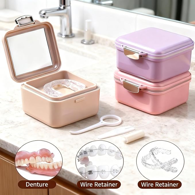 Denture Soaking Container Retainer Cleaner Case, Leak Proof Denture Bath Box with Strainer Basket, with Cleaning Brush Dentures Cup, with Mirror Waterproof Denture Holderfor Travel（beige）