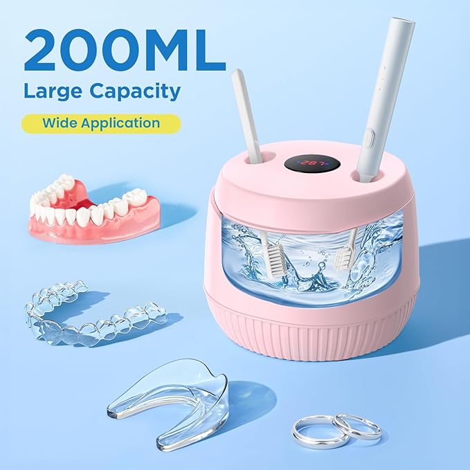 Dental Ultrasonic Retainer Cleaner Machine - Dental Cleaning Pod for Denture, Mouth Guard, Aligner, Night Guard, Braces, Toothbrush Heads, Jewelry, 45kHz Retainer Cleaner with Digital Timer & 200ML